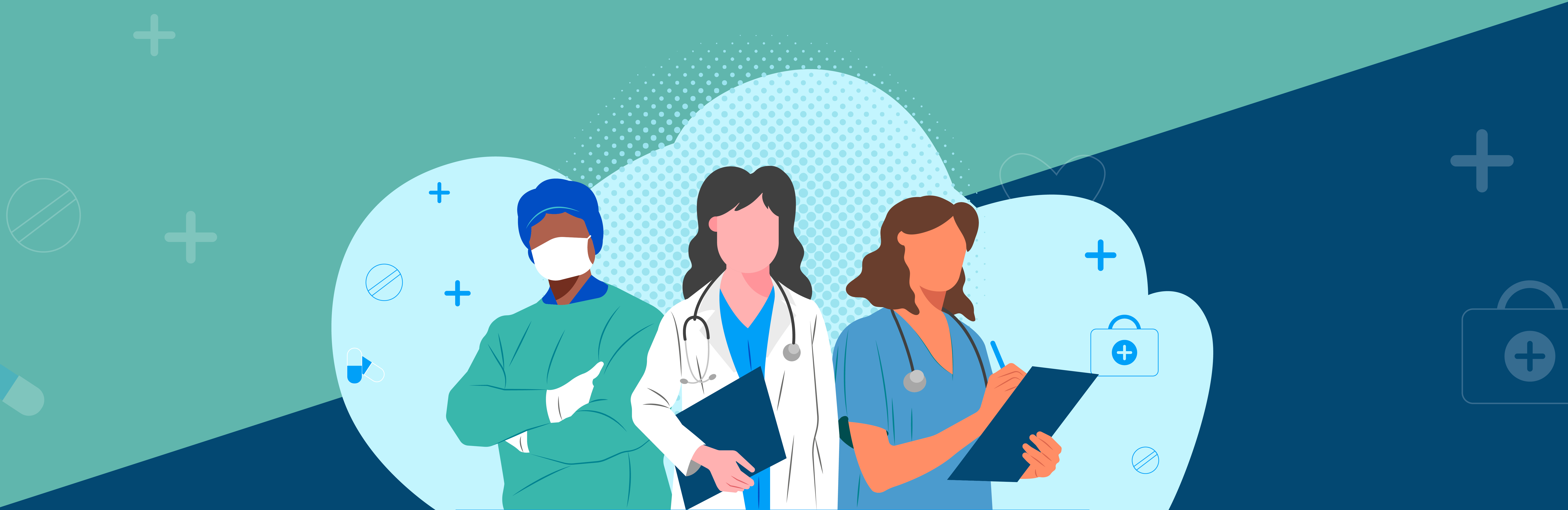 Illustrated nurse silhouettes standing close to each other