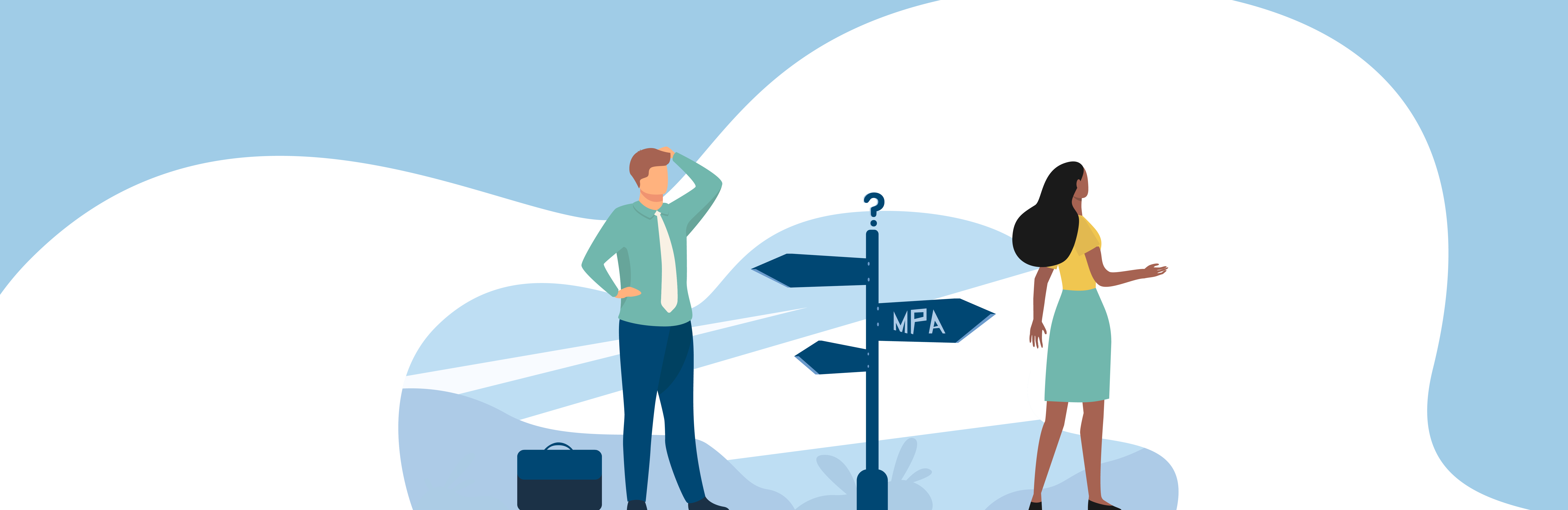 illustrated man and woman standing at a signpost that reads MPA