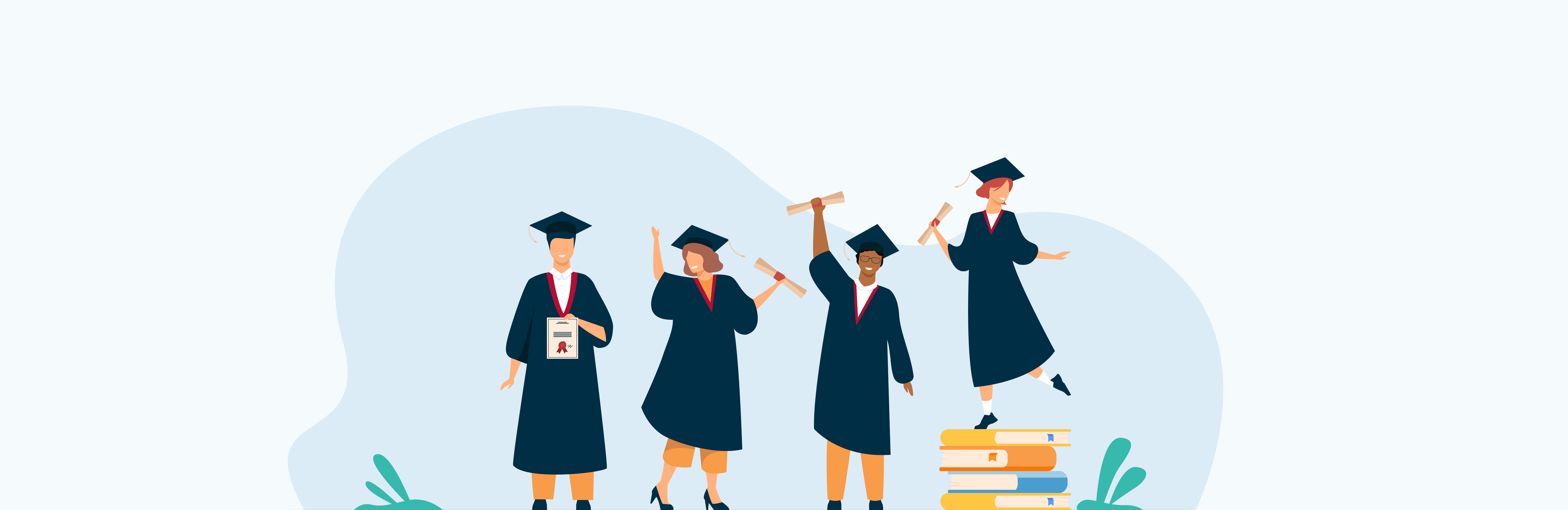 Illustrated students celebrating in graduation gowns and caps
