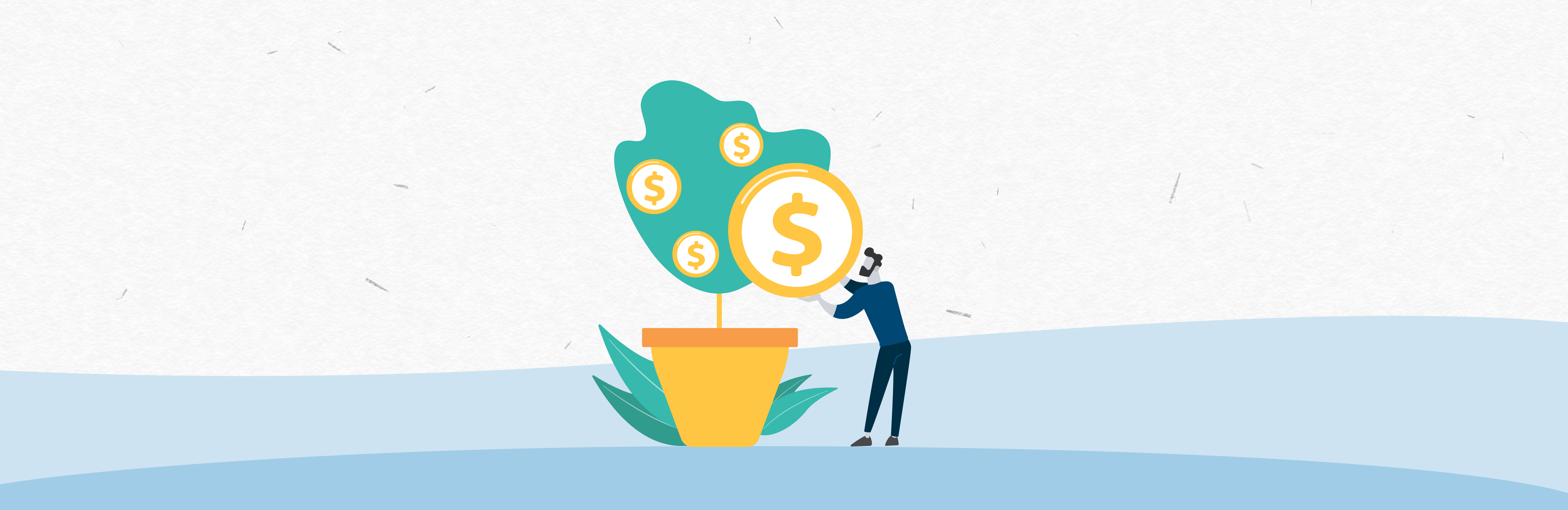 Illustrated man pulling a coin from a potted tree