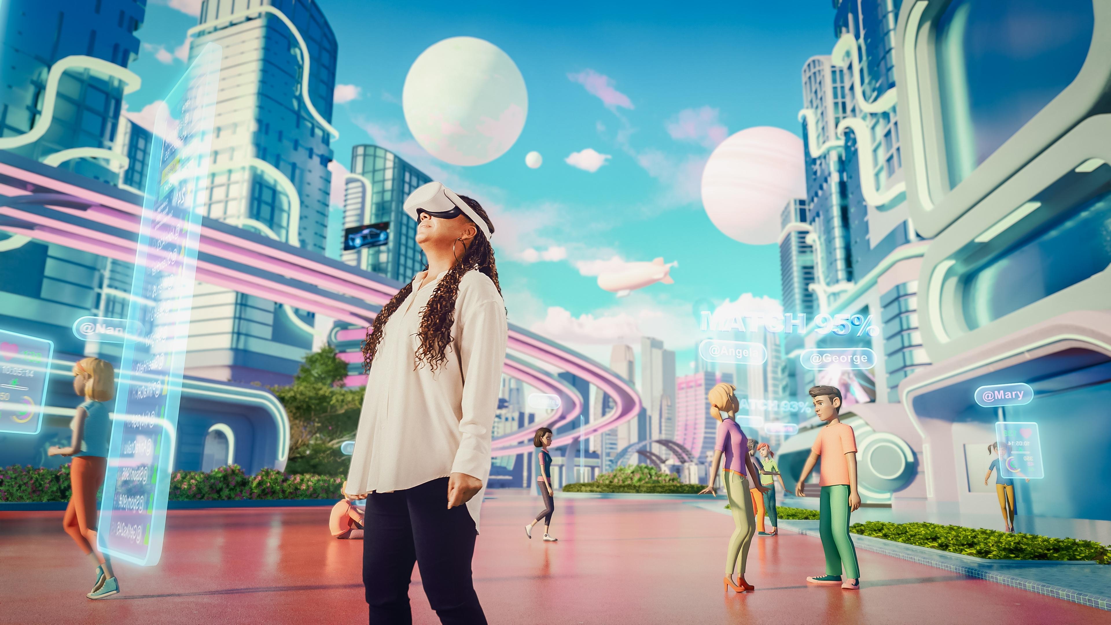 A student wearing a VR headset in a virtual world