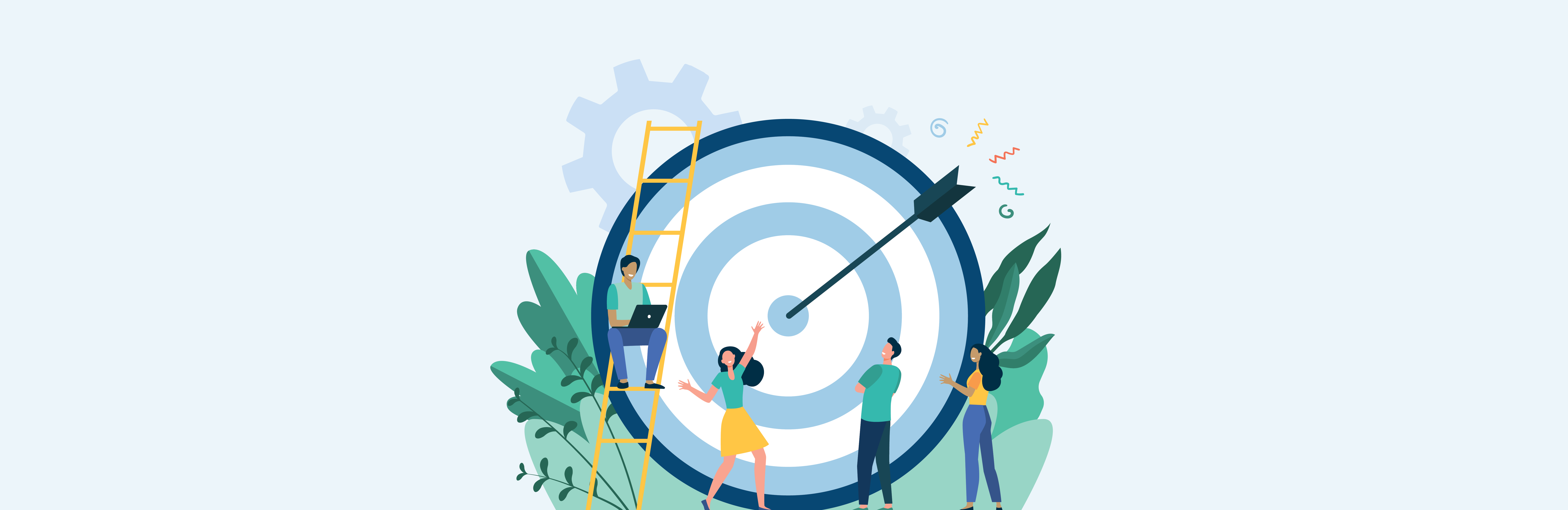 Four illustrated smiling people standing around a large target with an arrow lodged in the center