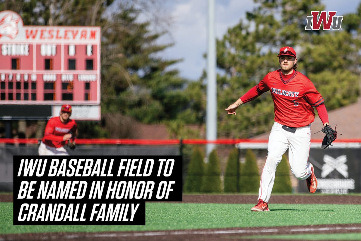 Photo of IWU baseball players with text "IWU Baseball field to be named in honor of Crandall family"