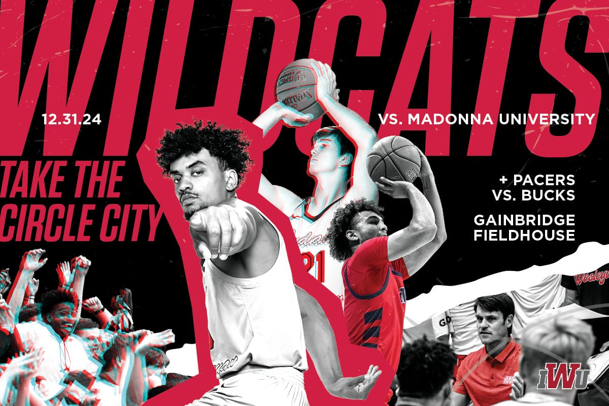 Promotional graphic for an Indiana Wesleyan University (IWU) men’s basketball game against Madonna University on December 31, 2024