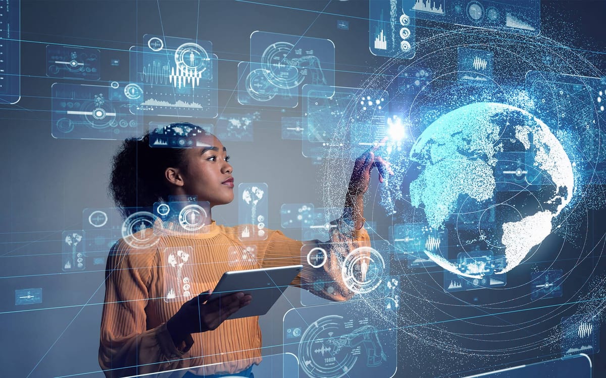A young woman holding a tablet interacts with a glowing digital interface featuring data visualizations and a holographic 3D globe