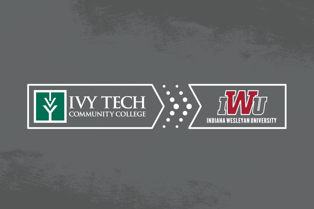 Ivy Tech logo and IWU logo on gray background