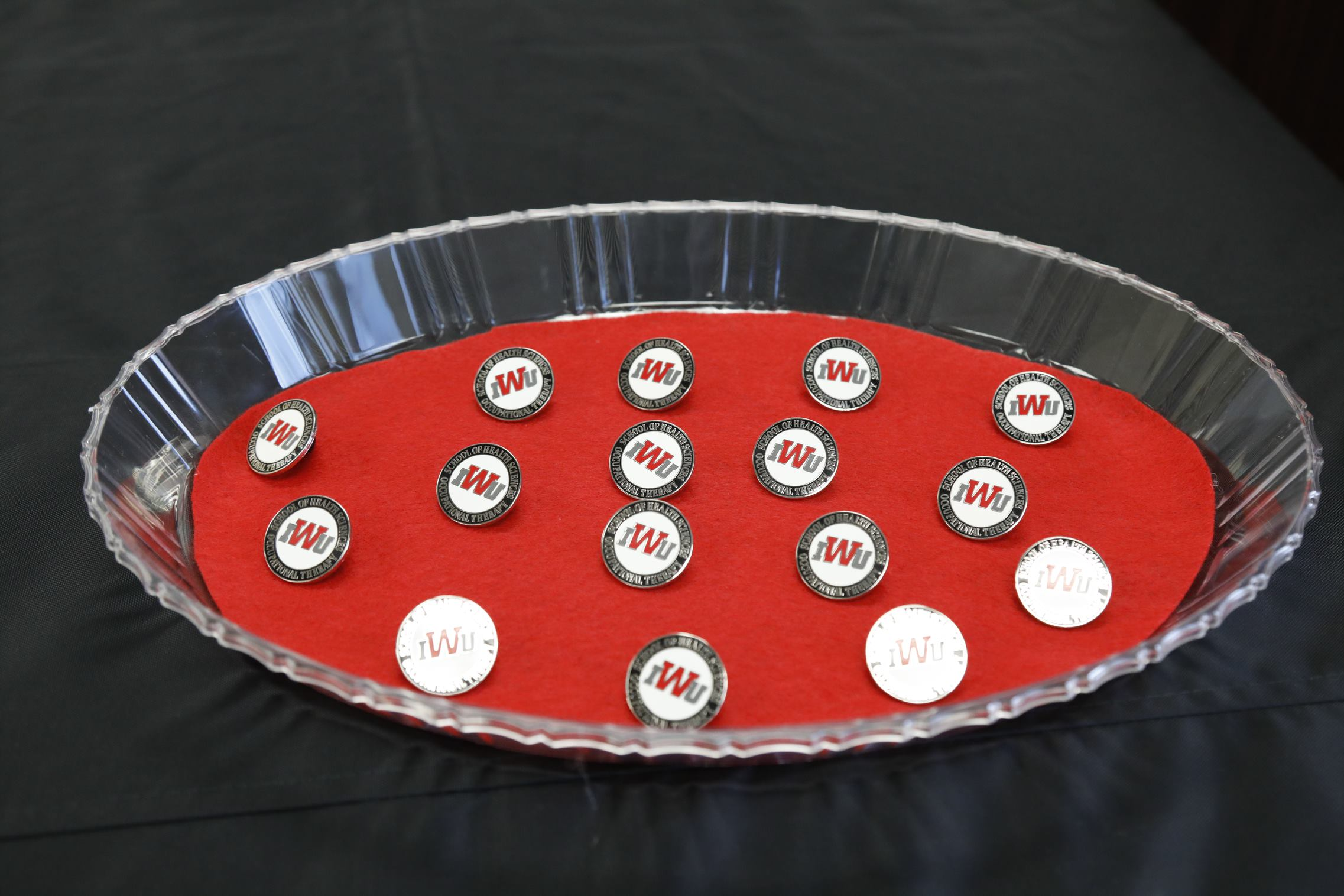 A tray with Indiana Wesleyan University pins.