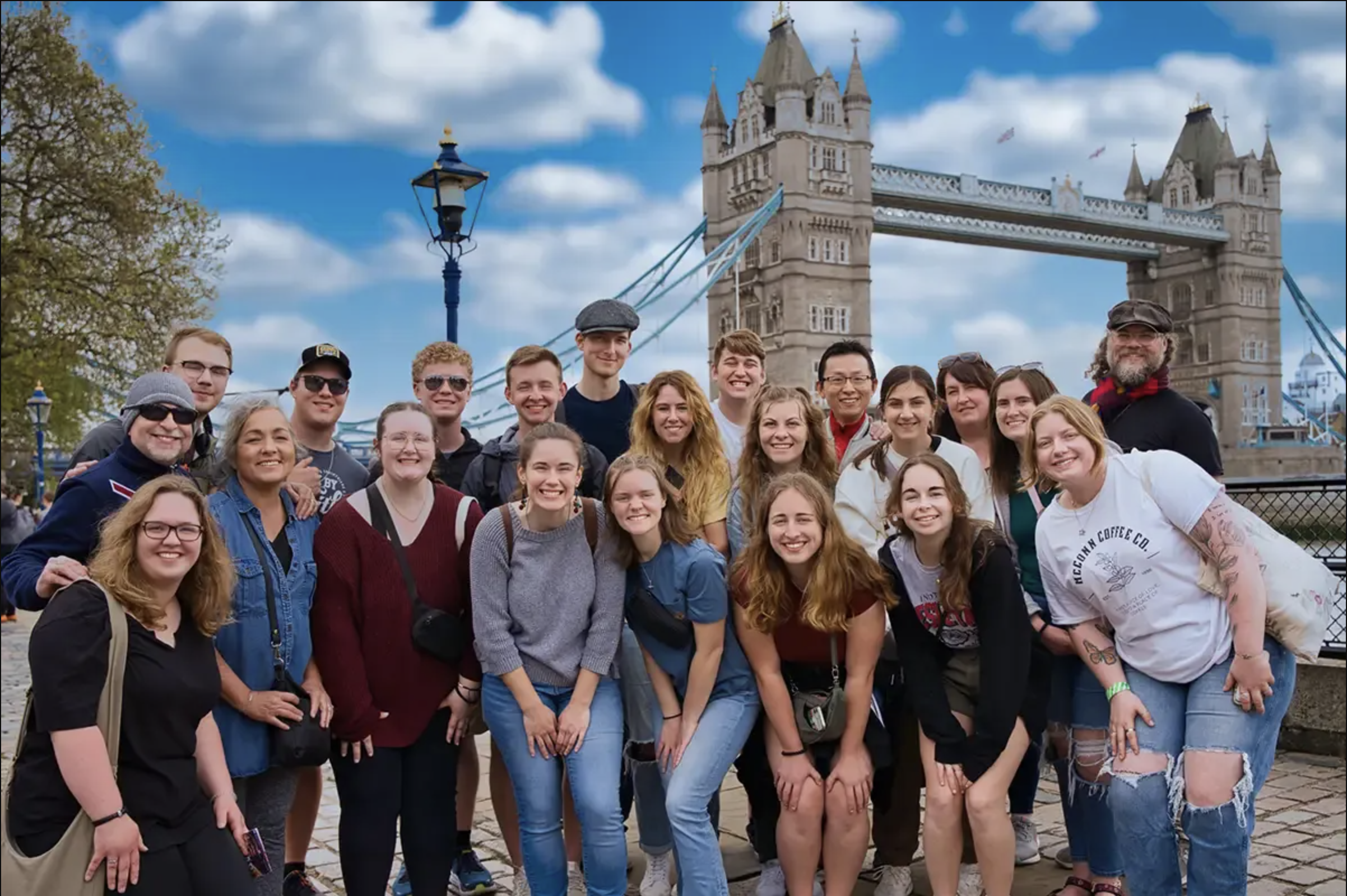 Photo of students on England trip in front of London Bridge