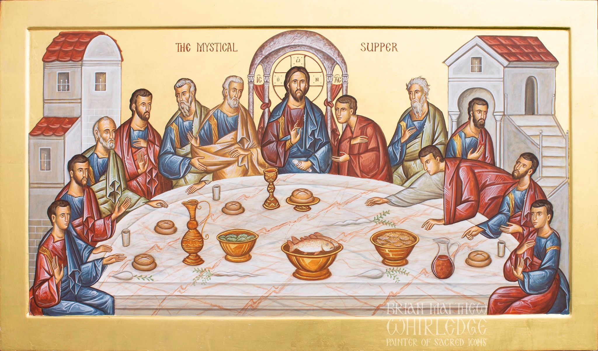 Byzantine-style icon by Brian Whirledge illustrating the Last Supper, with Christ seated at the center of a long table surrounded by His disciples.