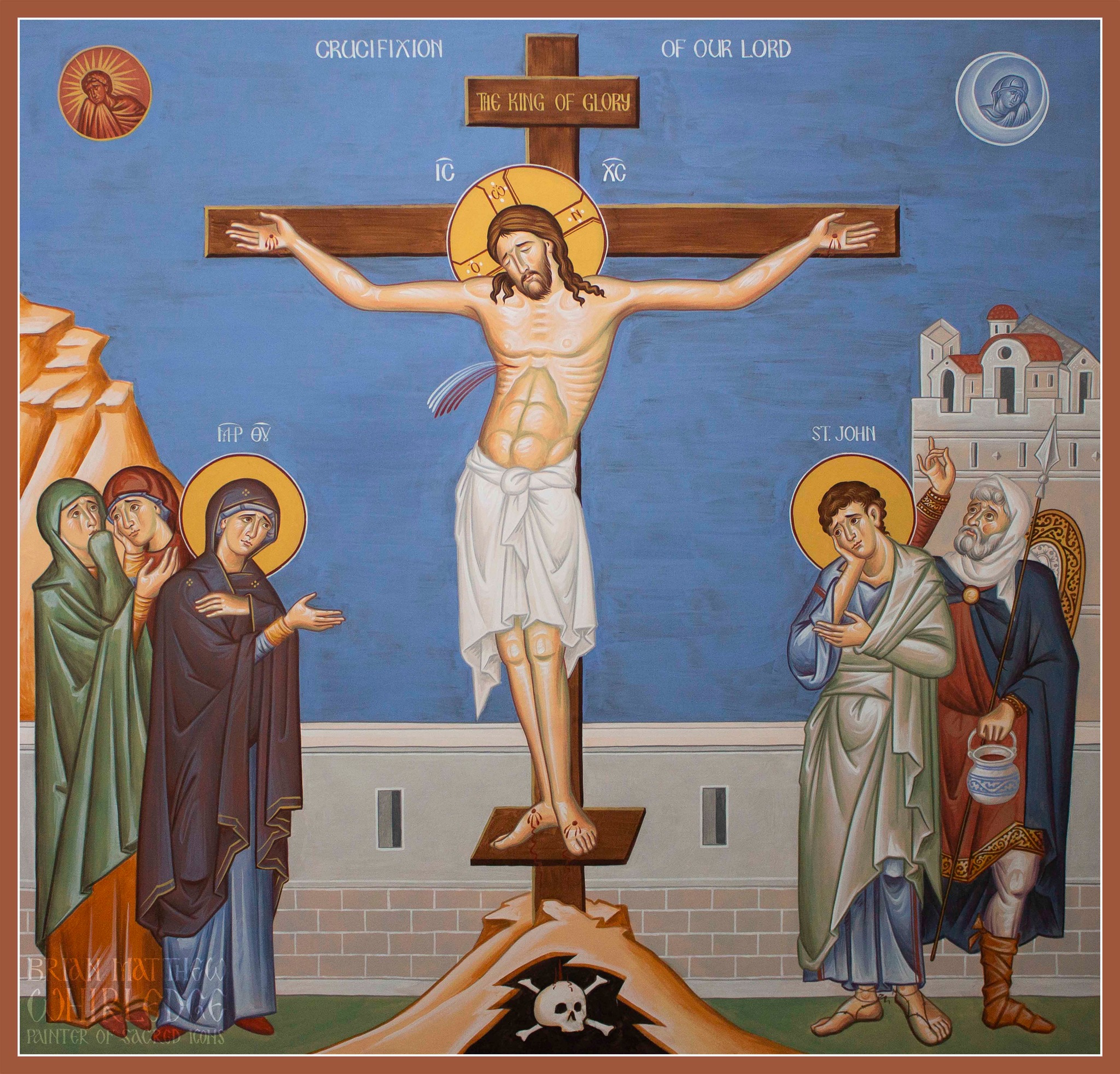 Byzantine-style icon by Brian Whirledge showing the Crucifixion of Jesus on the cross, with Mary, John, and other figures mourning on either side.