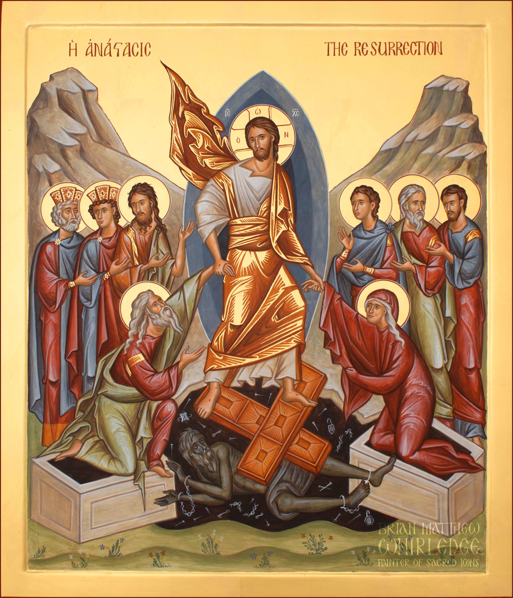 Byzantine-style icon by Brian Whirledge depicting the Resurrection, with Christ standing over broken gates of Hades and lifting figures from the grave, surrounded by saints.