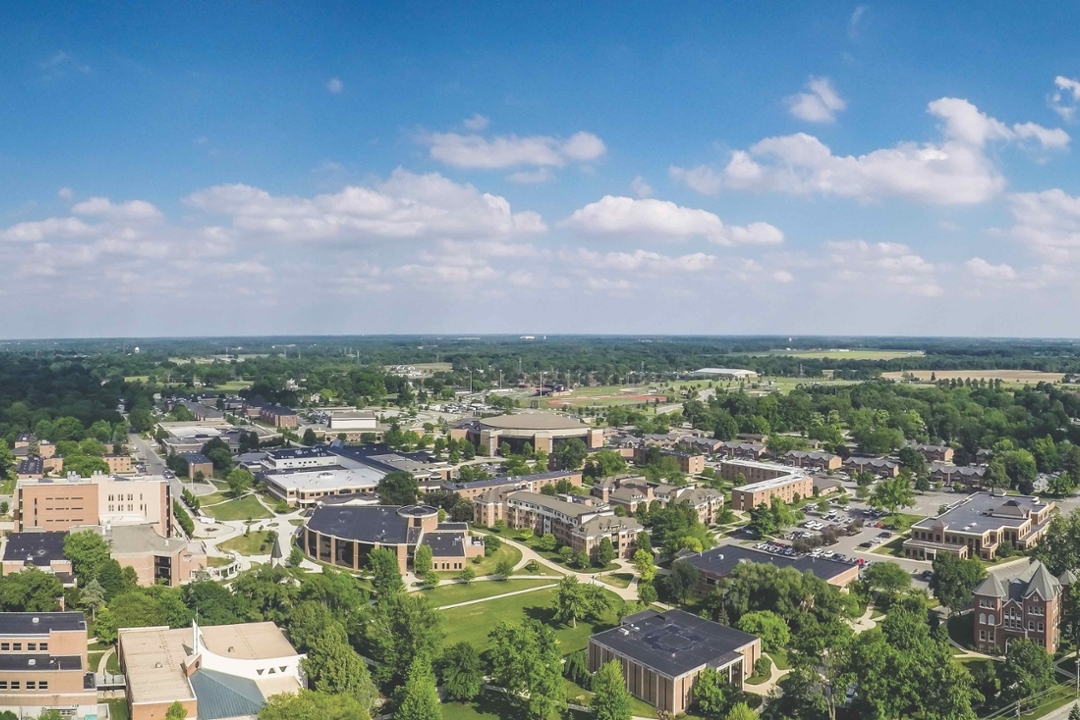 An overhead view of Indiana Wesleyan University's Marion campus