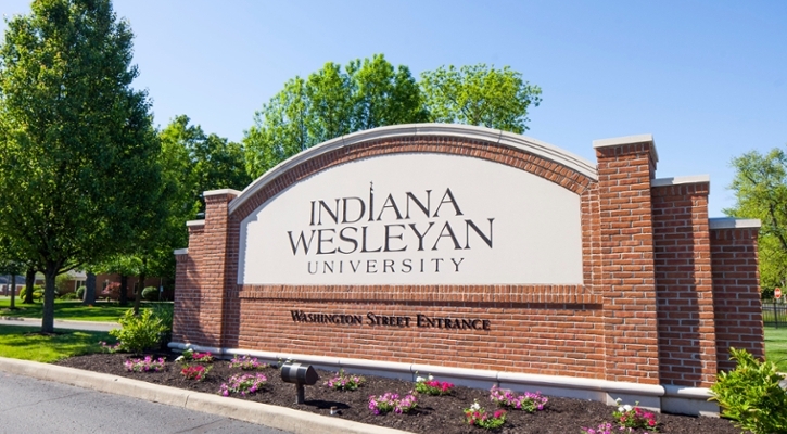 The Washington Street sign for Indiana Wesleyan University in Marion, Indiana