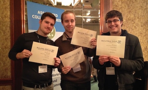 Sojourn Award winners Brant McCarthy, Single Page Design, Jeremy Sharp, Multimedia and Sports Reporting and Ben Middelkamp, representing the staff award for website.