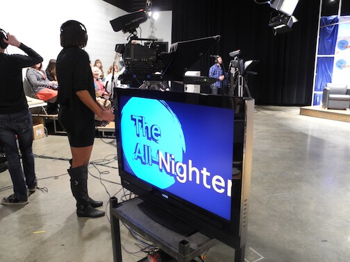 Set of All-Nighter with tv screen that has logo
