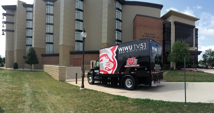 Truck on location at IWU's Chapel Auditorium
