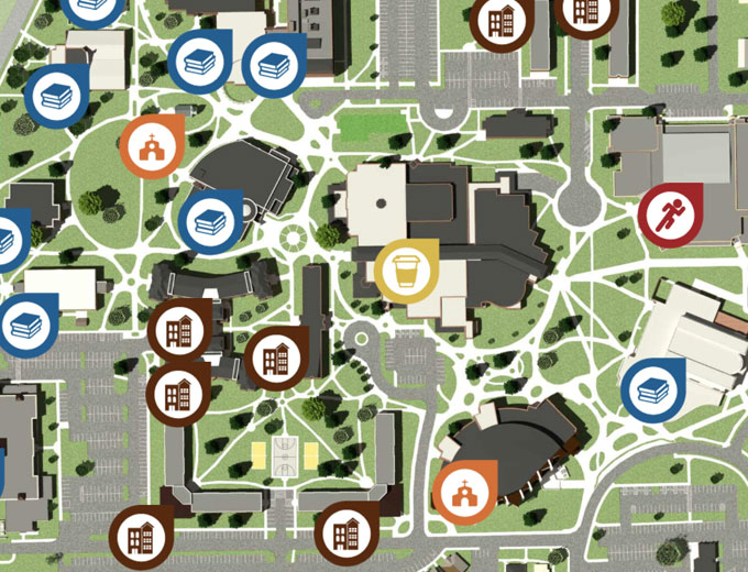 A portion of the online illustrated campus map showing buildings, roads, parking lots, and more facilities