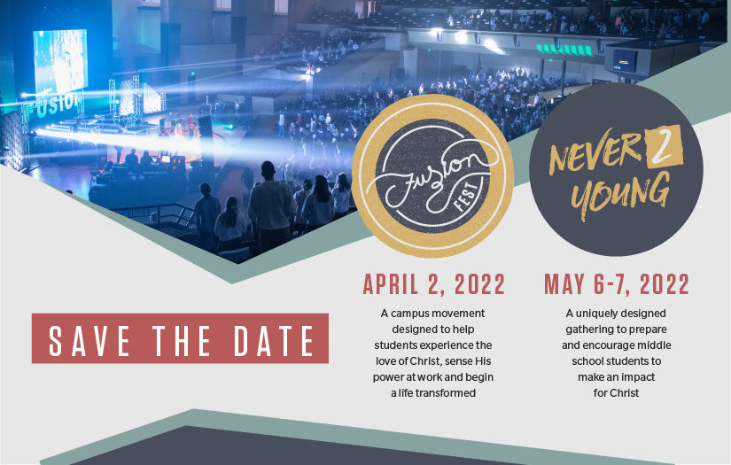 Save the Date 2022 Postcard that says Fusion Fest is April 2nd 2022 and Never 2 Young is May 6th to 7th